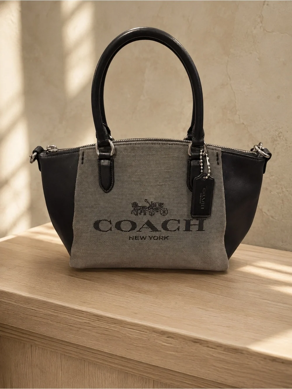 Coach Gray Canvas & Black Leather Shoulder Tote